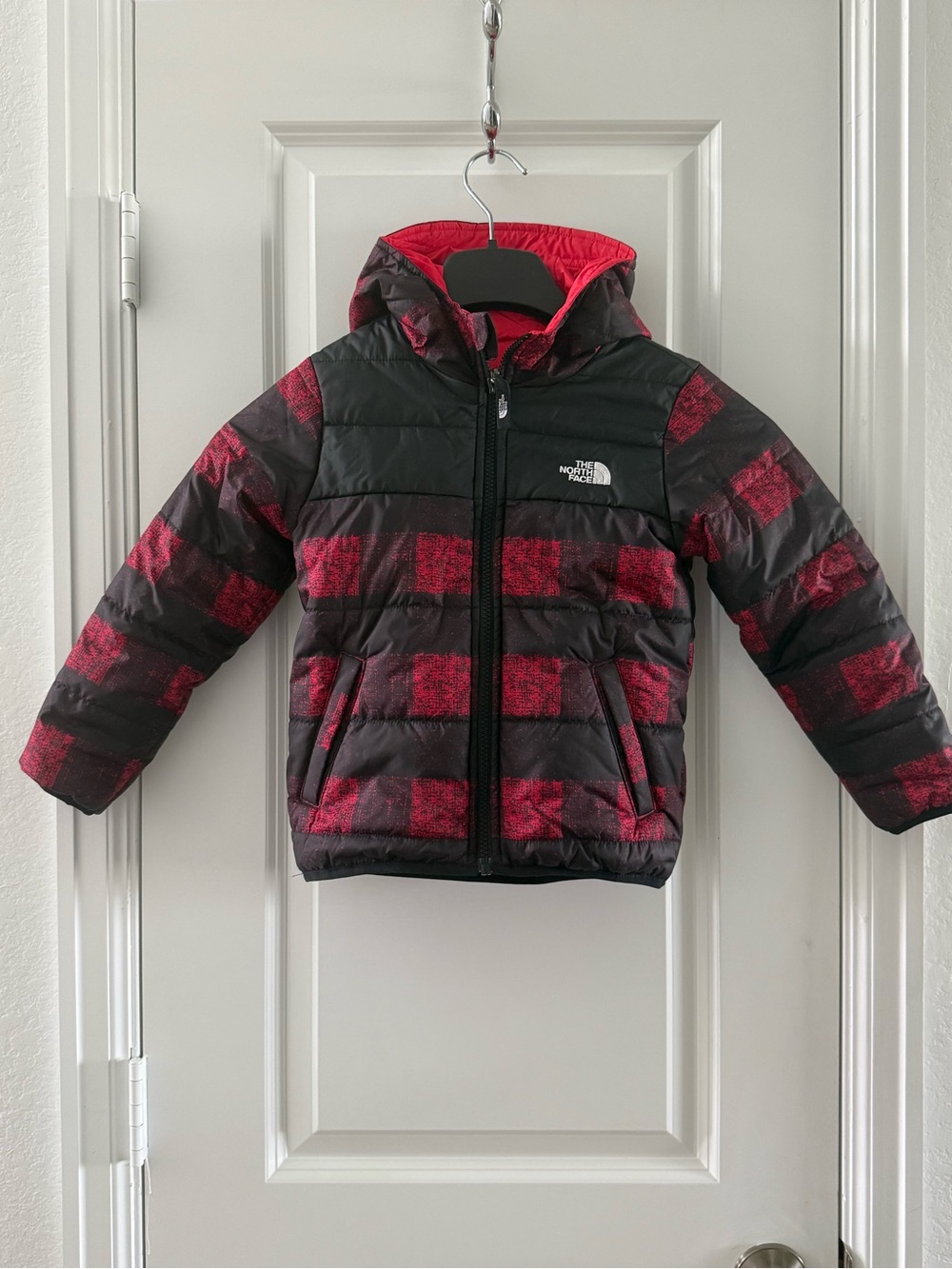The North Face Toddler 5/5 Red & Black Plaid Hooded Puffer Jacket